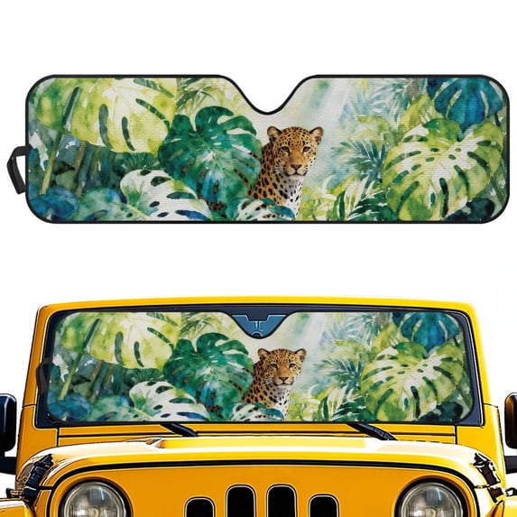 FUIALDOLG Hawaiian Windshield Sun Shade, Green Monstera Leopard Front Window Sunshade Car Accessories Universal Fit Off-road Vehicle Truck Sun Visor Protector, Keep Car Cool