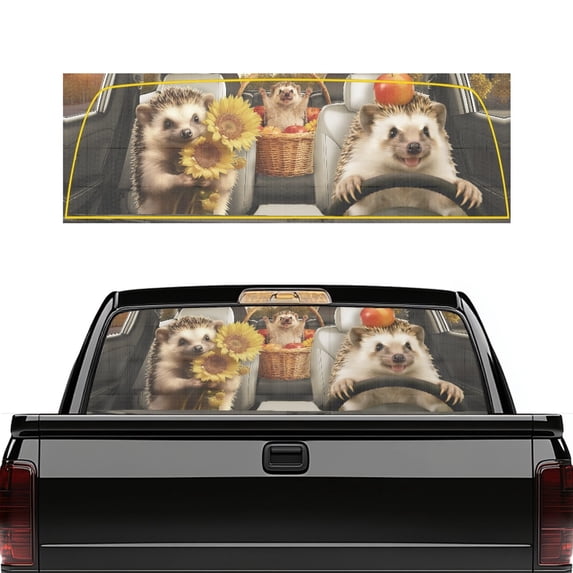 FUIALDOLG Hedgehog Driving Truck Rear Window Decal, See through Perforated Vinyl Decal for Pickup, 66.9 x 22.4 Inches, Fits Most Pickup Truck Models