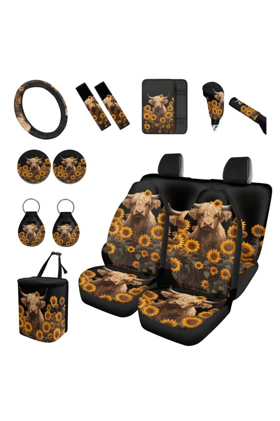 Highland Cow Sunflower Car Accessories Full Set of 15 Slip Resistant Vehicle Seats Covers for Front Back Sets with Gear Shift Cover, Handbrake Pad, Keychain Auto Interior Decorations