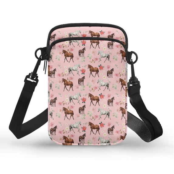 FUIALDOLG Horse Rose Print Cell Phone Purse Wallet, 2 Zippers Shoulder Bag Double Zipper Sling Coin Wallet for Work Running