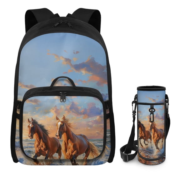 FUIALDOLG Horse Seaside Girls School Bag Set with Lunch Box for Elementary Students Large Capacity Kids Book Bag for Age 8-10 Lightweight Girls Backpack Children Schoolbag Rucksack