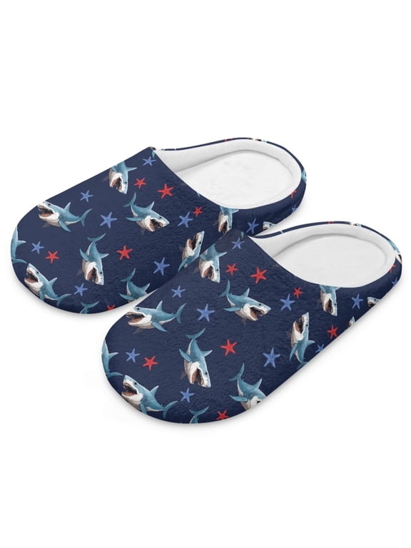 House Slippers for Woman Comfortable Arch Support Indoor Slippers Closed Toe Soft Bedroom Shoes Blue Shark Stars Print, Size 9-10