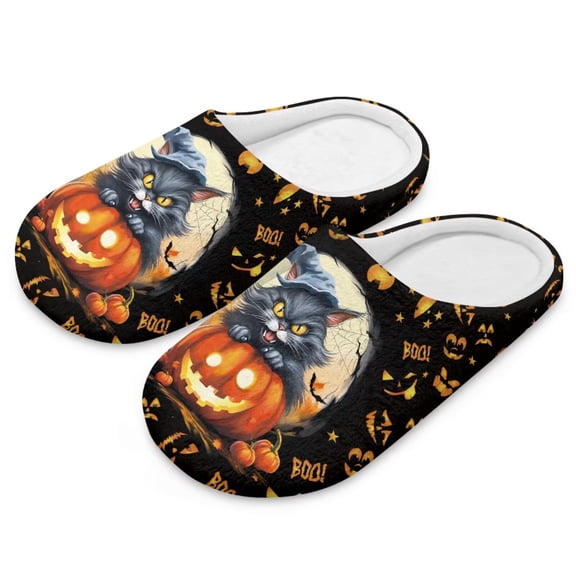 FUIALDOLG House Slippers for Woman Comfortable Arch Support Indoor Slippers Closed Toe Soft Bedroom Shoes Halloween Pumpkin Cat Print, Size 6-7