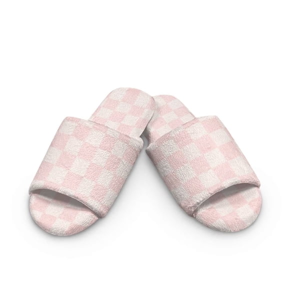FUIALDOLG House Slippers for Women Comfortable Arch Support Indoor Slippers Open Toe Soft Bedroom Shoes Pink Checkerboard Print 7.5-8.5
