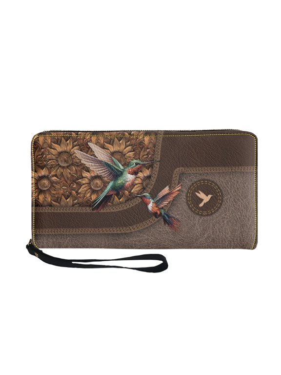 Hummingbird Pattern Long Purse with Zipper Closure Zip-Around Womens Wristlet Wallet for Travel, PU Leather Clutch for Shopping