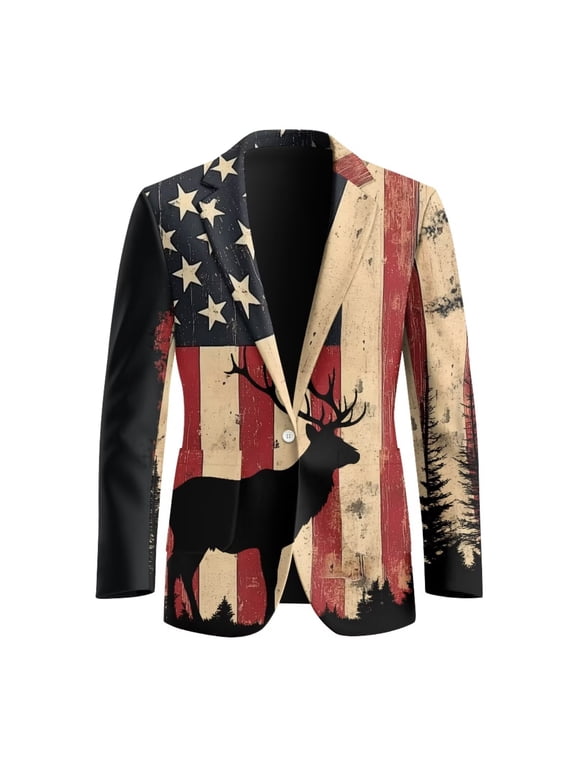 Hunting Deer Print Mens Casual Blazers 4th of July Retro American Flag Suit Jacket Lightweight 1 Button Jacket Long Sleeves Sport Coat