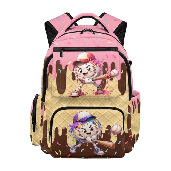 FUIALDOLG Ice Cream Cartoon Baseball Breathable Padded Straps Elementary Schoolbag for Back to School Travel, Lightweight Large Capacity 600D Polyester Book Bag