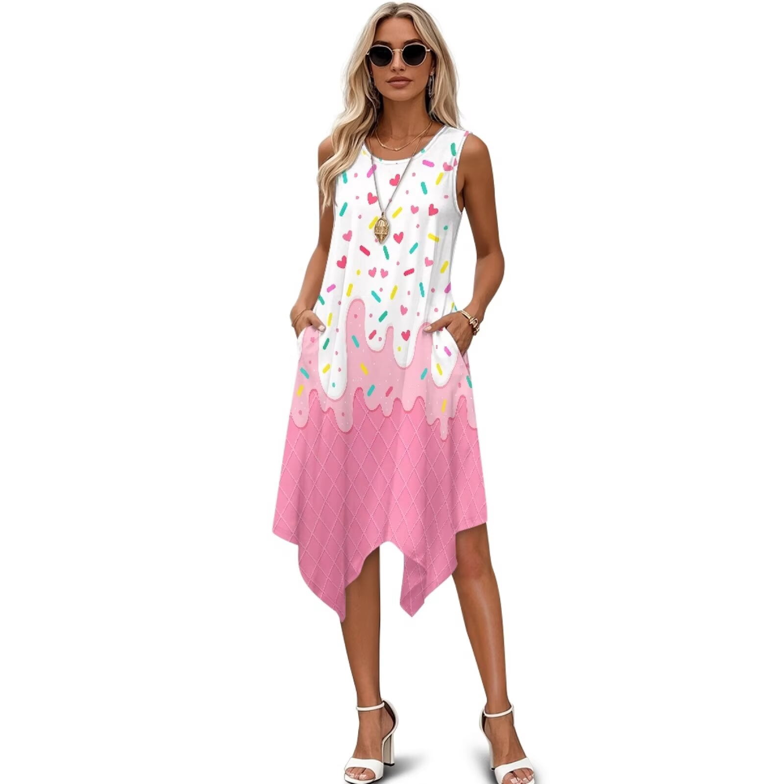 FUIALDOLG Icecream Pattern Dress for Women Lady Casual Sleeveless Midi Swing Tank Dresses with Pocket Loose Fit Tshirt Dress Irregular Hem Beach Long Dresses Wedding Party Sun Dress,XL