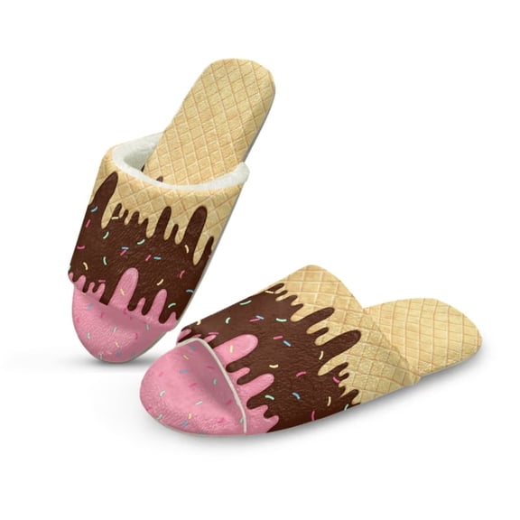 FUIALDOLG Ice Cream Print House Slippers for Women Indoor Open Toe Women House Slippers Winter Cotton Shoes Breathable Home Soft Outsole, Size 9-10