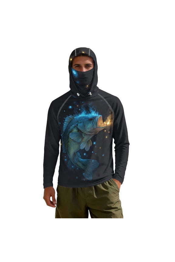 Ice Fish Bling Print Men's UPF 50+ Camouflage Hooded Fishing Shirt with Face Mask Breathable Lightweight for Boating, Walking, Running, Hiking S