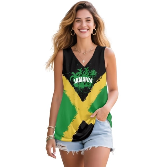 FUIALDOLG Jamaica Flag with Palm Tree Tops for Women Sleeveless T-shirt Loose Fit Yoga Shirts Summer Clothes Basic Tee Black White Tshirt for Business Work Casual,XL