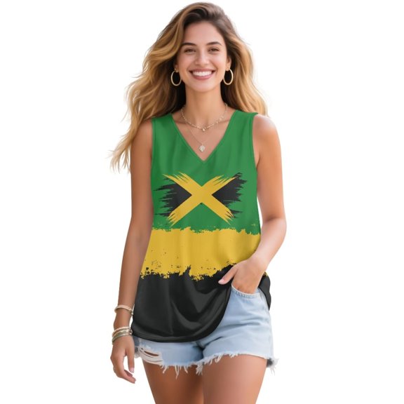 FUIALDOLG Jamaica Flag Tank Tops Womens Casual V Neck Sleeveless T-shirt Basic Tee Breathable Comfortable Active Tennis Yoga Shirts Plus Size Work Business Tops,XL