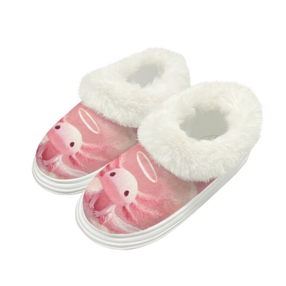 FUIALDOLG Kawaii Pink Axolotl Print Warm House Slippers for Women Comfy Fleece Lined Fuzzy Slippers with Thick Sole for Indoor Outdoor, Size 8-9