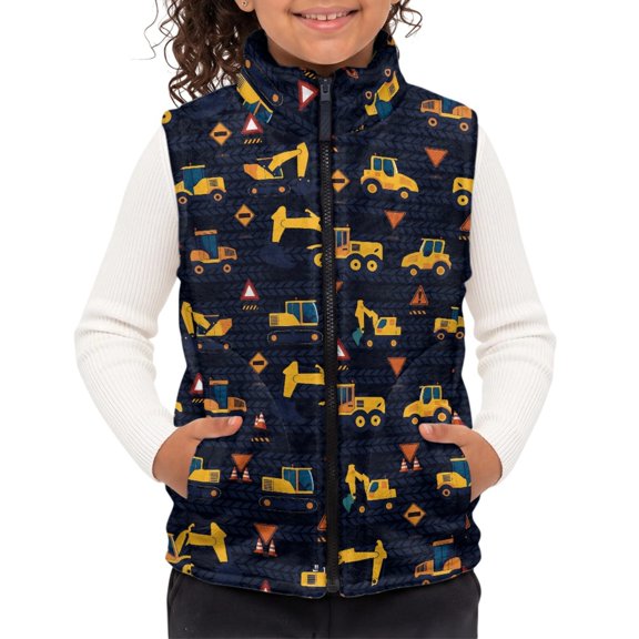 FUIALDOLG Kid Outerwear Vest Construction Vehicles, Polyester Kids Polar Fleece Vest Jacket, Full Zipper Warm Vest for Winter Running and Casual Wear