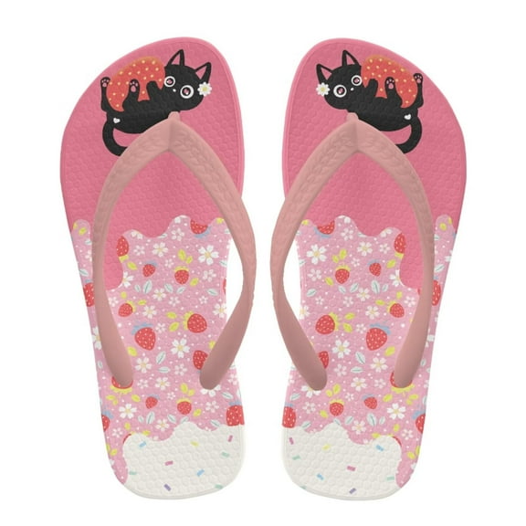 FUIALDOLG Kids Boys Girls Flip Flops Black Cat Strawberry Print Comfort Quick-Dry Beach Pool Thong Sandals(Little Kid/Big Kid) Size 12.5