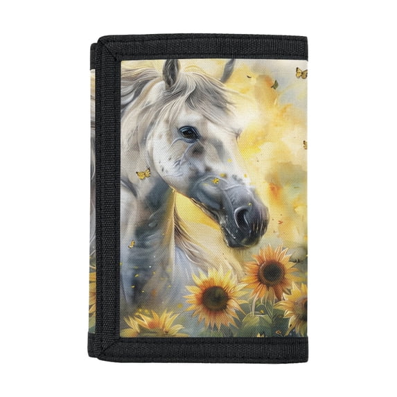 FUIALDOLG Kids Trifold Wallet White Horse Butterfly Art Compact Trifold Card Wallet for Outdoor, Polyester Foldable Youth Wallet