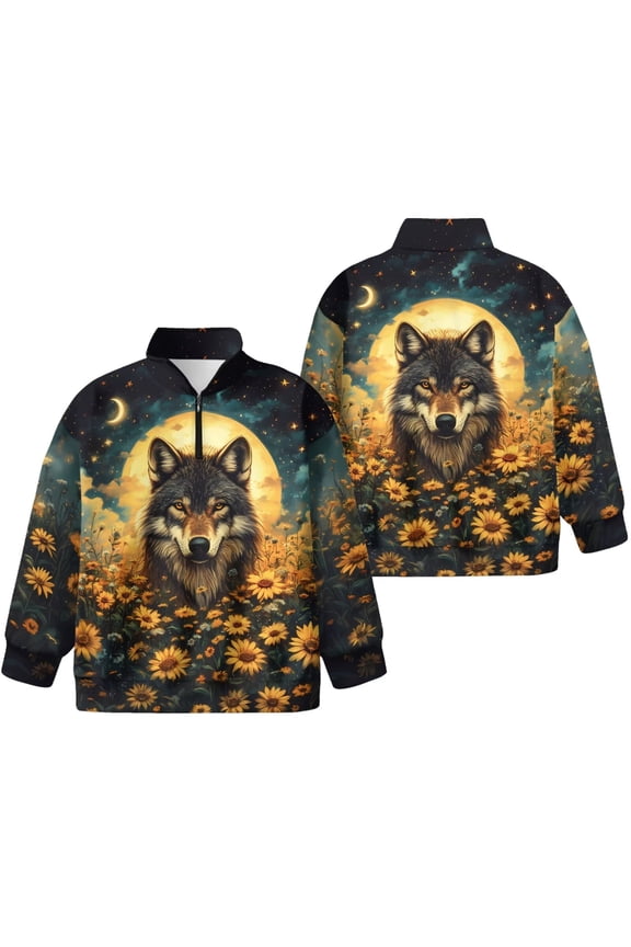 Kids Wolf Sweatshirt Athletic Pullover Yellow Sunflower Moon Wolves Sweatshirt Quarter Zip Hoodie for Teenager Girl Casual Warm Top，7-8Years