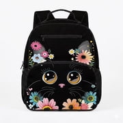 FUIALDOLG Kindergarten Daypack for Girls Black Cat Floral 13.5 Inch Toddler Preschool Bookbag, Easy Clean Breathable Kids School Bag with Mesh Holders Age 3-7
