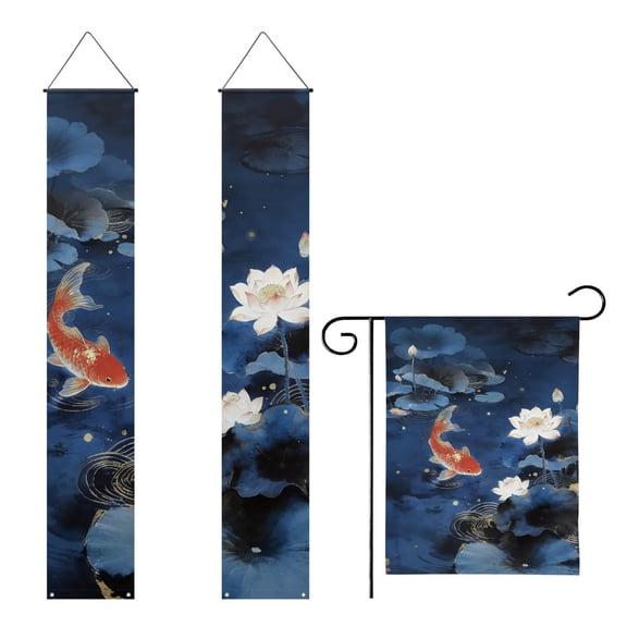 FUIALDOLG Koi Fish Chinese Style Garden Flag and Hanging Porch Banner Set 3 Pieces Hanging Outdoor Flags Decorations for Yard, Front Door,Lawn,Entryway,Welcome Home