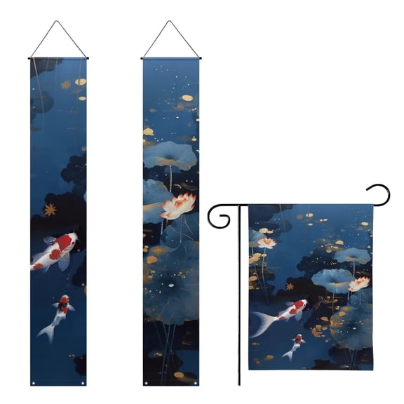 FUIALDOLG Koi Fish Lotus Porch Flag Garden Flag 3 Pieces Welcome Home Decorations Hanging Flag Porch Sign for Front Door Lawn Yard Decor Party Supplies