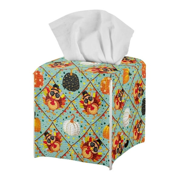FUIALDOLG Leather Tissue Box Cover Square 5.1x5.1x5.5'' Waterproof Tissue Box Holder with Metal Button for Car, Bathroom, Kitchen,Home Decor (Funny Turkey Pumpkin)