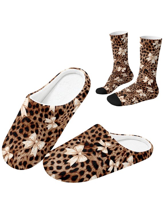 Leopard Bow Indoor House Shoes Boot Socks for Women Closed‑Toe