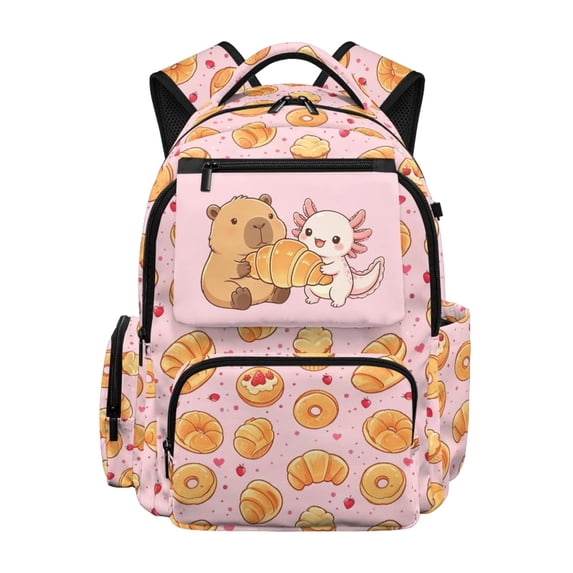 FUIALDOLG Lightweight 17 Inch Kids Backpack with Pastry Capybara Print, 600D Polyester Durable Bookbag for School and Outdoor Travel