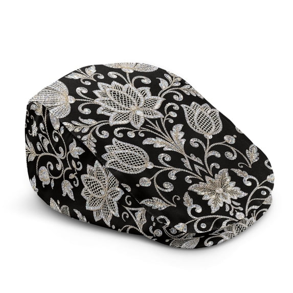 FUIALDOLG Lightweight Beret Hat, Silver Floral Lace Pattern Polyester Soft Adjustable Men Newsboy Hat for Walking Fishing Driving