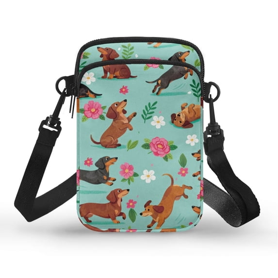 FUIALDOLG Lightweight Cell Phone Purse for Travel Daily Use, Polyester Double Deck Crossbody Bag, Dachshund & Floral Pattern