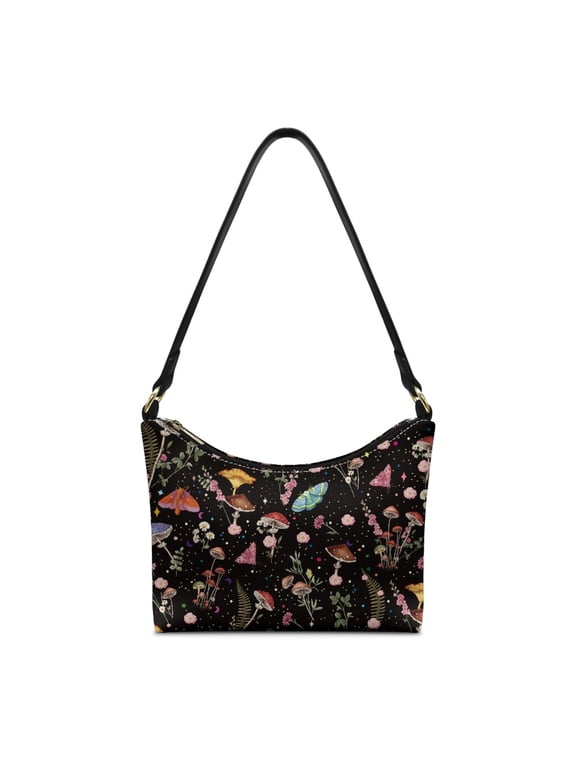 Lightweight Shoulder Purse for Travel, Whimsical Mushroom & Floral Pattern Sturdy Hobo Purse Tote Bag PU Leather Underarm Sling Bag for Women