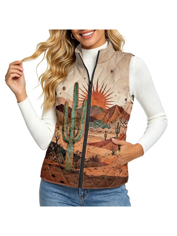 Lightweight Women's Quilted Vest for Outdoor Winter, Boho Desert Cactus Landscape Print Elastic Polyester Zip-up Quilted jacket vest for Women