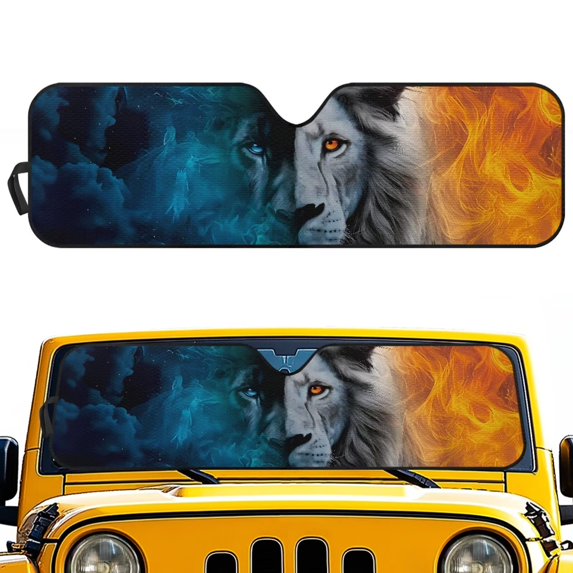 FUIALDOLG Lion Ice&Fire Windshield Sun Shade, Cute Shade Heat Shield Foldable, Block UV Rays, 52.95x16.14 inch, Compatible with Car SUV Off-road Vehicle