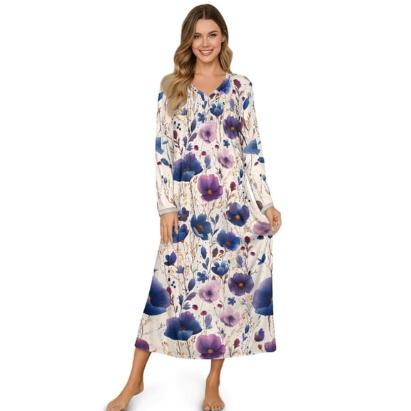 FUIALDOLG Long Nightgown Button Down Women's Long Sleeve Sleepwear Poppy Flower Print House Dress Soft Comfy Night Dress for Ladies, 4XL