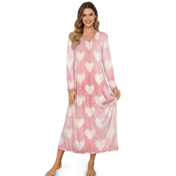 FUIALDOLG Long Nightgown Button Down Romantic Hearts Print Women's Long Sleeve Sleepwear Full Length House Dress Soft Comfy Night Dress for Ladies, 4X Large