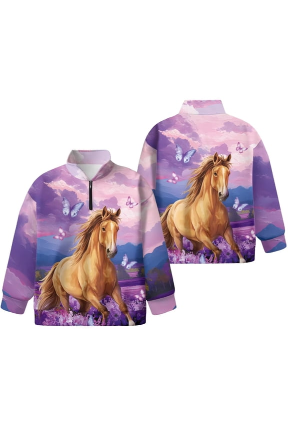 Long Sleeve Half Zip Hoodies Horse Sweatshirt for Kids Girl Purple Long Sleeve Pullover Top Basic Casual Tee Tops for Gym Workout,School，11-12Years