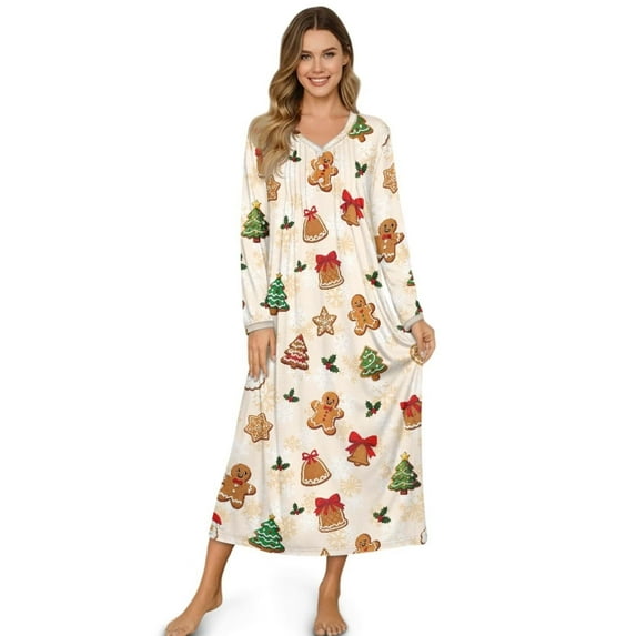 FUIALDOLG Long Sleeve Nightgowns for Women Cute Gingerbread Man Print Soft Sleepshirt Button Down V Neck House Dress Loose Sleepwear for Pajama Party, 2XL