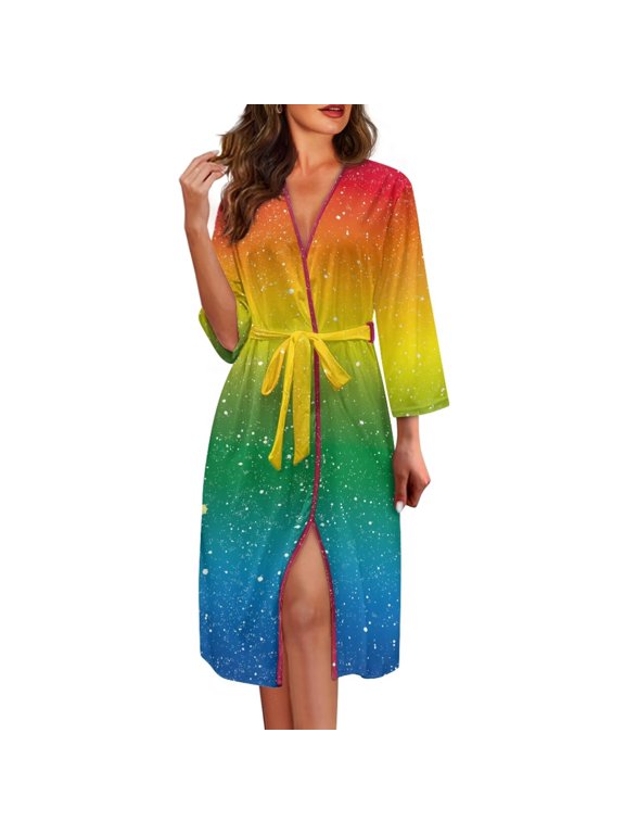 Loose Fit Bathrobe for Women Towel Long Sleeve Loungewear V Neck Soft Rainbow Tie-Dye Nightgowns for Home Life Holiday