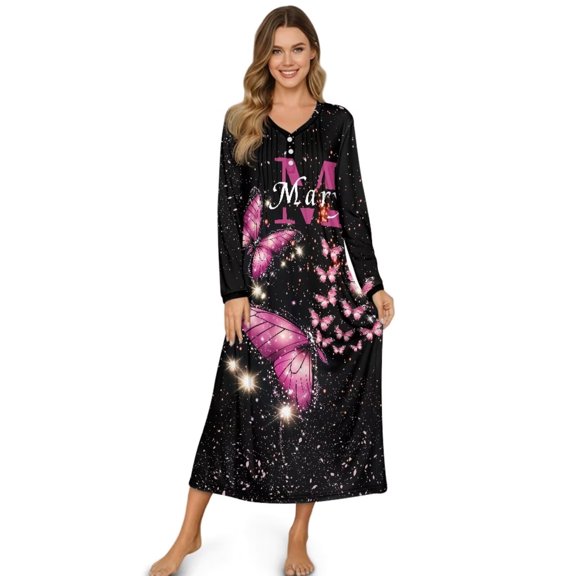 FUIALDOLG Loose Nightgowns for Women Pink Butterfly Shiny Print Long Sleeve Sleepwear V Neck Nightshirt Winter Soft Comfy Pajama Dress, XL