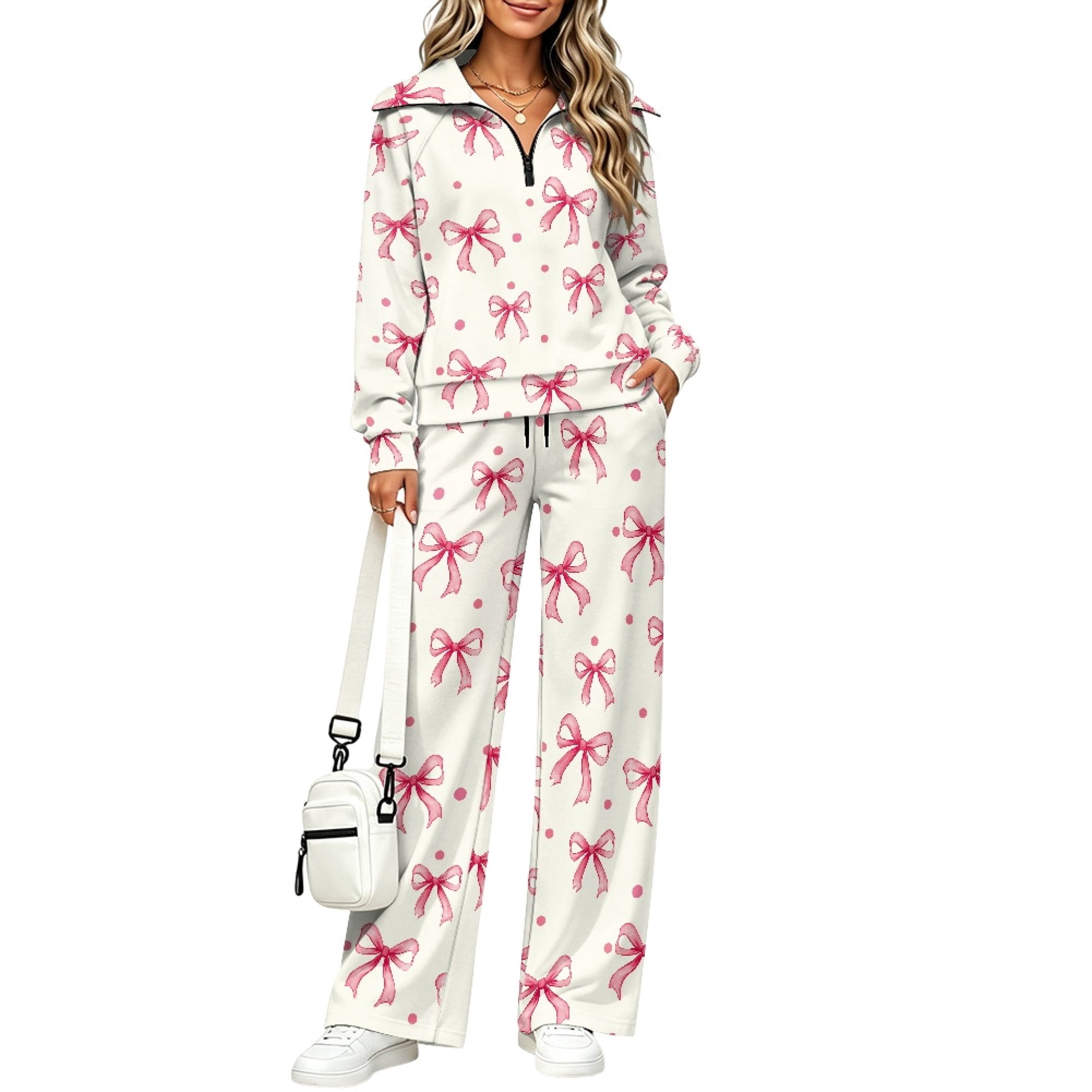 FUIALDOLG Lounge Sets Pink Bows Polka Dot Travel Outfits for Women Zip ...