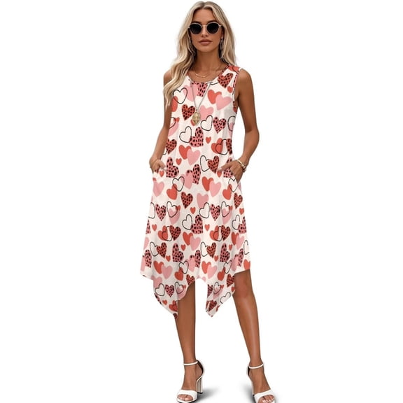 FUIALDOLG Love Hearts Sun Dress for Women Valentines Day Pink Love Hearts Dresses Dating Costume Womens Sleeveless Sundresses with Pockets Cocktail Party Skirt Dating Midi Dresses,5XL