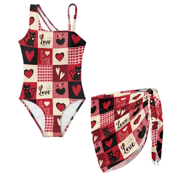 FUIALDOLG Love Theme Girl Swimsuits Red Love Heart Plaid Black Cat Girls' One-Piece Swimwear with Beach Sarong Wrap Skirt Teen Girl Modest Swim Suit Sun Protection Bikini Coverup Beach Outfits,7-8Y