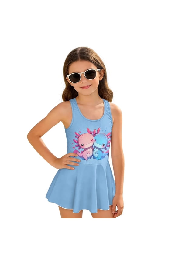 Lovely Couple Axolotls Swimsuit Teenager Girl One Piece Bathing Suit Sleeveless Swimwear Sun Protection Swimwear Quick Drying Swim Dress for Birthday Pool Party 10-11Y