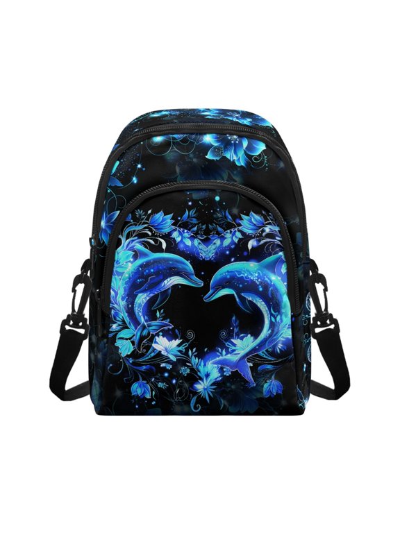 Luminescent Dolphin Heart with Floral Pattern Sling Bag with Adjustable Strap Zip Small Crossbody Wallet for Shopping, Polyester Crossbody Bag