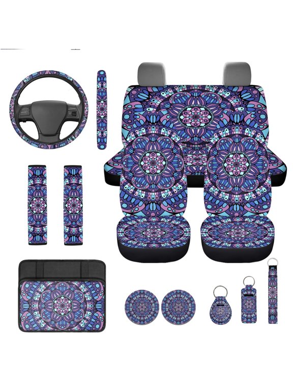 Mandala Geometry 14-Piece Car Seat Cover Set, with Car Seat Covers Full Set Steering Wheel Protector Seat Belt Pads Compatible with SUV