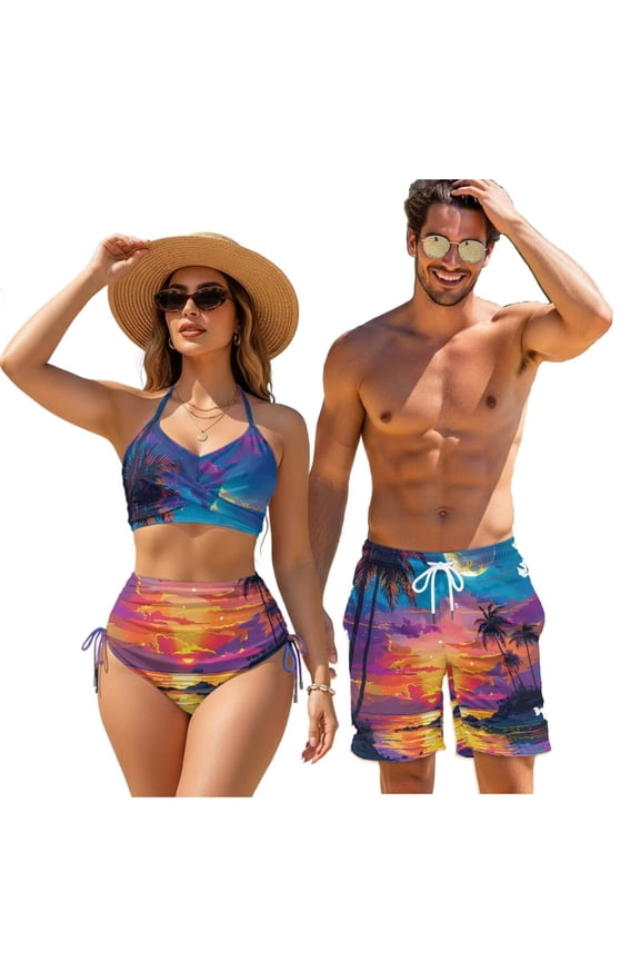 Matching Swimsuits for Couples Tropical Palm Sunset Bikini Sets for Women Remowable Pad 2 Piece Mens Swim Trunks Swimsuit Colorful Aloha Outfits