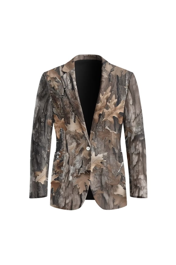 Men's Long Sleeve Suit Jacket Camo Hunting Leaf Printed Breathable Slim Fit Sport One Button Coat Blazer with Two Pockets Casual Suit Jacket,S