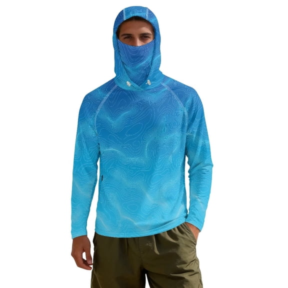 FUIALDOLG Men's UPF 50+ Quick Dry Hoodie Shirt Long Sleeve UV Rash Guard, Breathable Lightweight for Swim, Fishing, Walking, Running, Abstract Sea Blue Print S