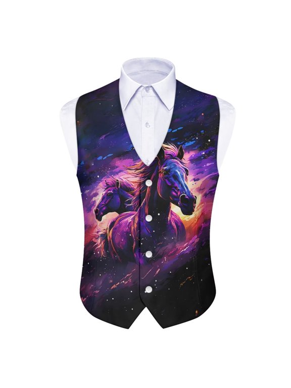 Mens Horse Galaxy Suit Vest Soft Waistcoat Tuxedo Business Formal Vests Regular Fit Waistcoat Jacket Tank Top Fall Dressy Top Outwear