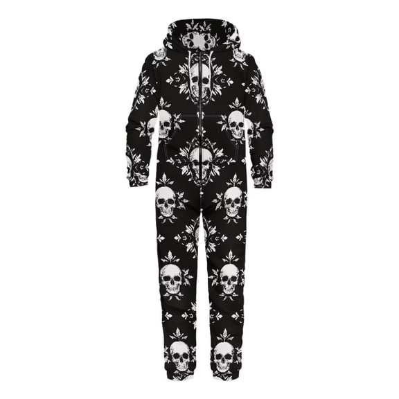 FUIALDOLG Mens Onesie Pajamas Hooded Goth Skull Floral Halloween Onesie Unisex Adult Zip Up Jumpsuit Loose Fit One Piece Pajamas for Women Men Couple Cosplay, Size XL