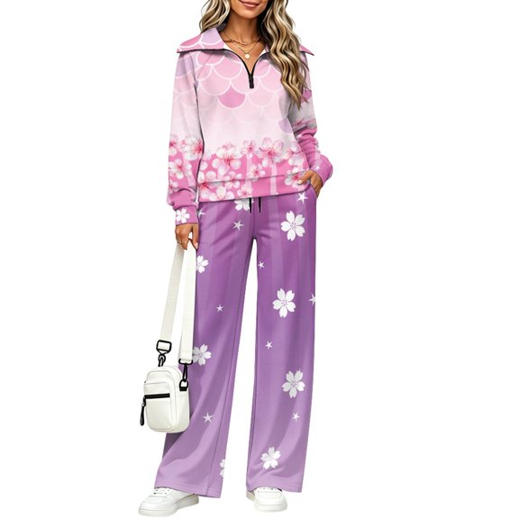 FUIALDOLG Mermaid Scale & Cherry Blossom Print Sweat Set, Sweatsuits Soft Lounge Sets Matching Drawstring Sweat Sets for Vacation Fall